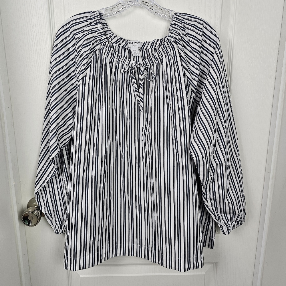 Nine West Striped Peasant Blouse XXL Navy White Cotton